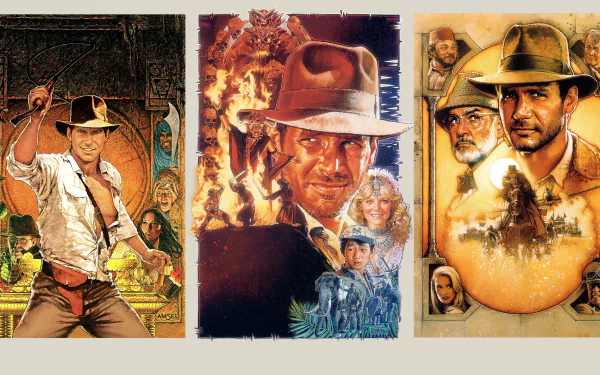 2K quad HD desktop wallpaper: triptych of vintage Indiana Jones movie posters showing the adventurer in his fedora and whip from Indiana Jones and the Temple of Doom.