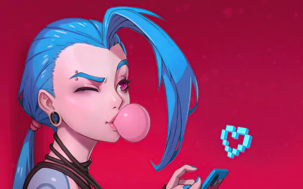 4K Ultra HD desktop wallpaper of Jinx, the video game character from League of Legends: blue hair, pink eyes, winking while blowing a bubble and holding a phone on a magenta background.