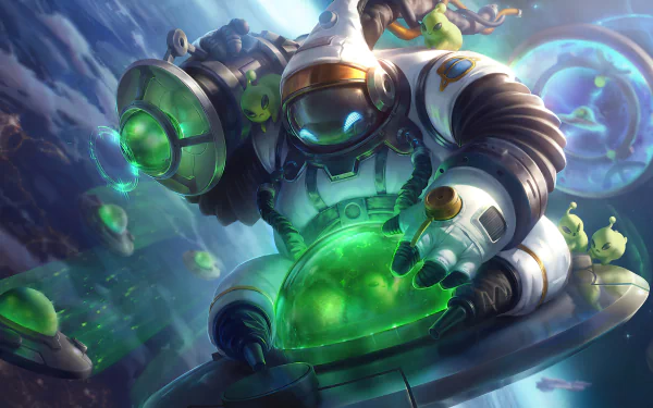 Bard (League of Legends) in a cosmic astronaut skin reaches toward a glowing green orb while tiny meeps float beside him against a vivid 4K Ultra HD PC desktop wallpaper.