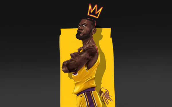 Digital artwork of LeBron James in a basketball uniform with a crown above his head, set against a vibrant yellow background, designed as a 4K Ultra HD sports wallpaper.