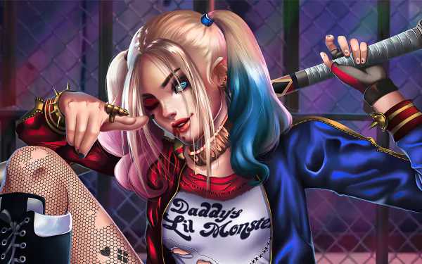 4K Ultra HD PC wallpaper of DC Comics' Harley Quinn — blonde twintails dyed pink and blue, holding a bat, wearing a Daddy's Lil Monster tee, jacket and fishnets.