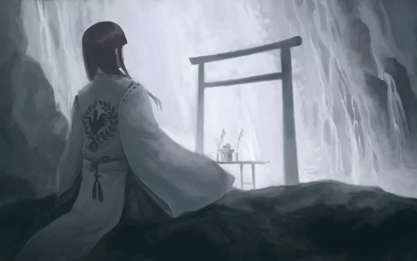 An anime-style shrine maiden sitting contemplatively in front of a torii gate with a misty waterfall backdrop, captured as an HD desktop wallpaper.