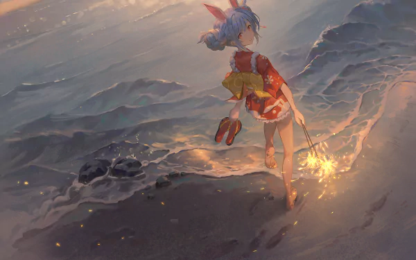 HD desktop wallpaper featuring Hololive's virtual YouTuber Usada Pekora with blue hair in a kimono, walking along a beach at sunset.