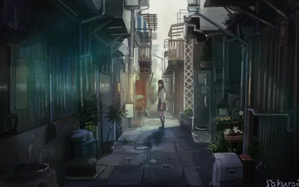 A 4K Ultra HD anime-style image of a girl in a school uniform standing alone in a dimly lit alleyway, blending original art with atmospheric urban details.