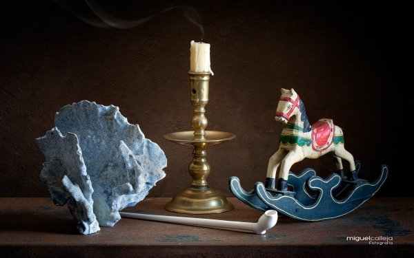 Photography Still Life Toy Candle Pipe Horse Coral Rocking Horse HD Wallpaper | Background Image