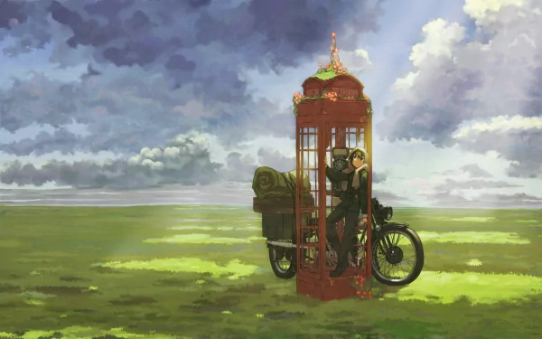 Kino (Kino's Journey) with her motorcycle inside a red phone booth on a wide grassy plain beneath dramatic clouds — HD anime PC desktop wallpaper.