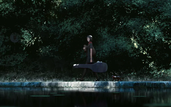A schoolgirl from an original anime walks by a serene pond, carrying a guitar case, surrounded by lush greenery. This HD image serves as an engaging desktop wallpaper.
