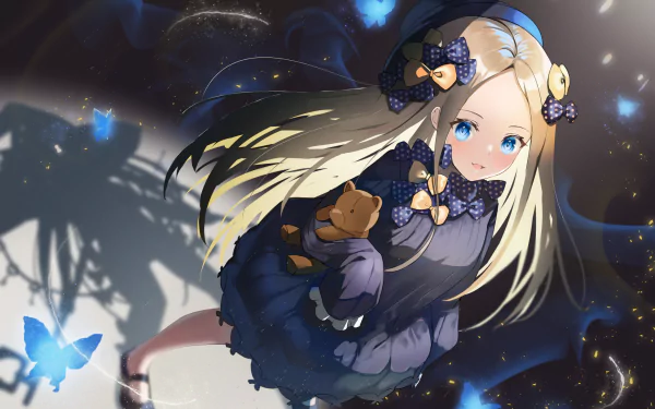 Anime-style HD wallpaper of Abigail Williams from Fate/Grand Order with long blonde hair, blue eyes, and a teddy bear, surrounded by glowing blue butterflies.