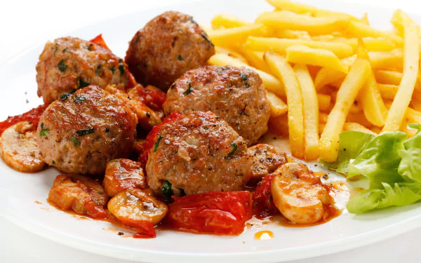 french fries tomato meat food meatball HD Desktop Wallpaper | Background Image