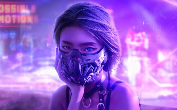 A striking cyberpunk portrait featuring a woman with a futuristic mask, set against a vibrant, neon-lit cityscape. This 4K Ultra HD wallpaper captures an edgy sci-fi atmosphere.
