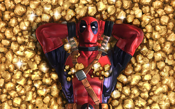 Deadpool sprawled on a pile of gold, smiling in his red suit — 2K Quad HD PC desktop wallpaper for MARVEL Contest of Champions video game.
