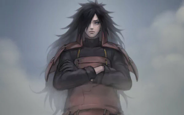 Madara Uchiha from Naruto stands with arms crossed in misty clouds, long dark hair and samurai-style armor — 4K Ultra HD anime PC desktop wallpaper.