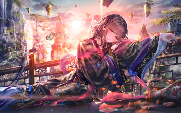 Anime-style character with brown hair and pink eyes wearing a kimono, depicted in an HD desktop wallpaper with a vivid, detailed background setting.