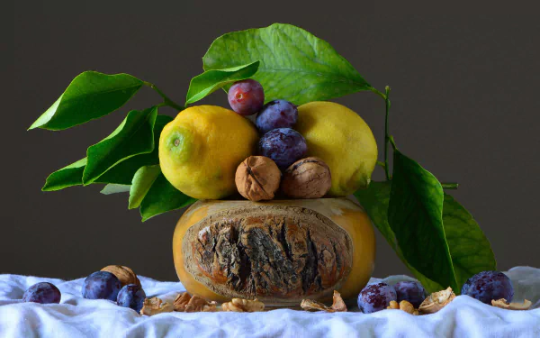walnut plum lemon food still life HD Desktop Wallpaper | Background Image