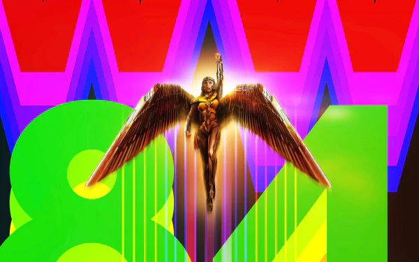Wonder Woman (Diana Prince) in golden winged armor soaring over neon 84 numerals — vibrant 2K Quad HD PC desktop wallpaper/background inspired by the movie Wonder Woman 1984.