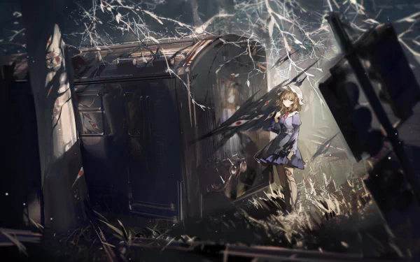 HD PC desktop wallpaper featuring Maribel Hearn from the anime Touhou, standing in a dark, atmospheric setting with intricate lighting and shadow effects.