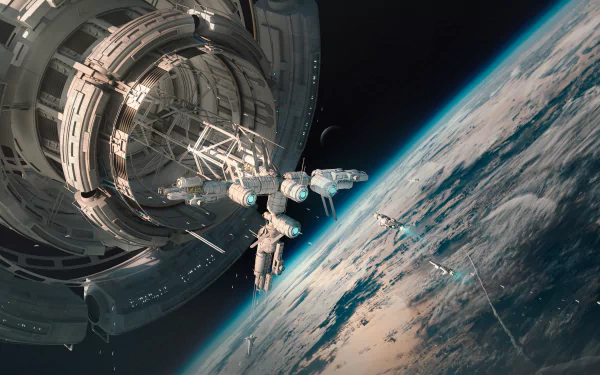 HD Sci-Fi desktop wallpaper featuring a futuristic space station in orbit, overlooking the curvature of Earth with detailed cloud formations and atmospheric colors.