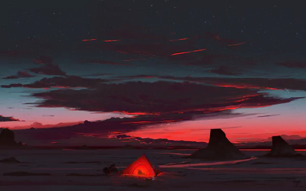 A glowing tent beneath a dramatic night sky in an artistic landscape, captured in vivid detail for a 4K Ultra HD PC desktop wallpaper and background.