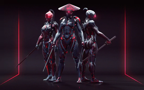 Cyberpunk HD PC wallpaper featuring three sci-fi cyborg warriors, including a samurai girl, in sleek futuristic armor with glowing red accents.