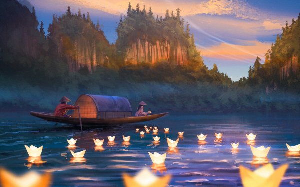 Fantasy Landscape Boat Mountain HD Wallpaper | Background Image