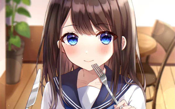fork knife blue eyes brown hair Anime Original HD Desktop Wallpaper | Background Image