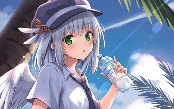 Anime Original Wings Grey Hair Green Eyes Bottle Sky Hat HD Wallpaper | Background Image