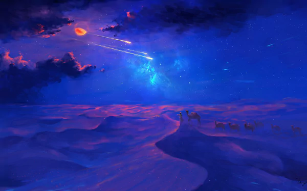 A fantasy HD wallpaper featuring a camel caravan under a mystical moonlit sky with vibrant colors, starry night, and swirling clouds, creating a surreal desert landscape.