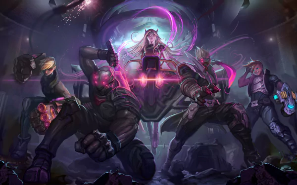 4K Ultra HD League of Legends wallpaper featuring champions Vi, Sona, Ezreal, and Shen in a dynamic, dark-themed battle scene.