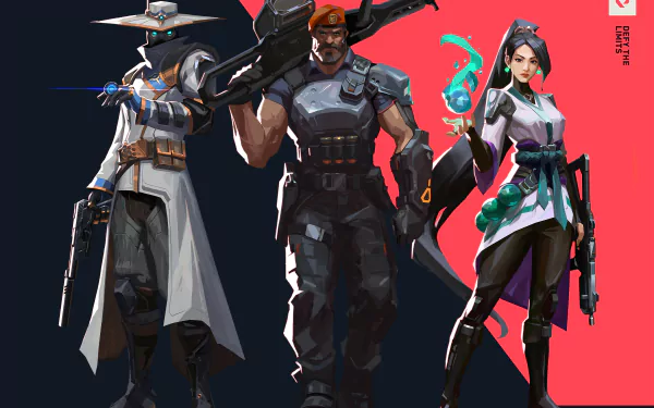 2K Quad HD Valorant video game PC wallpaper showing agents Cypher, Brimstone, and Sage in dynamic poses against a stylized dark and red backdrop.