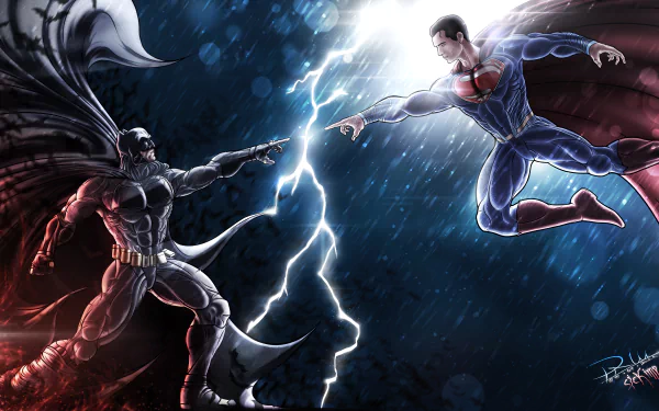 8K Ultra HD DC Comics wallpaper featuring an intense Batman vs. Superman showdown, capturing dynamic action and lightning in a dramatic comic-style background.