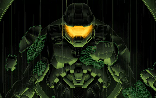 A striking 4K Ultra HD desktop wallpaper featuring a character from Halo Infinite, showcasing vibrant green accents and a dramatic design against a dark background.