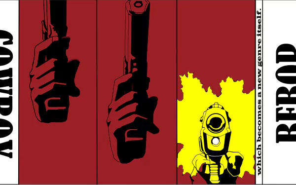 4K Ultra HD anime wallpaper from Cowboy Bebop featuring a stylized red and yellow design with hands holding guns and a robotic figure on a desktop background.