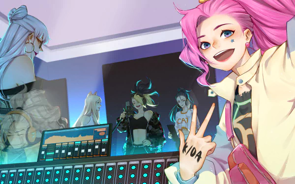 K/DA members including Seraphine, Akali, Kai'Sa, Ahri, and Evelynn in a vibrant 4K Ultra HD League of Legends wallpaper showcasing their dynamic, futuristic style.