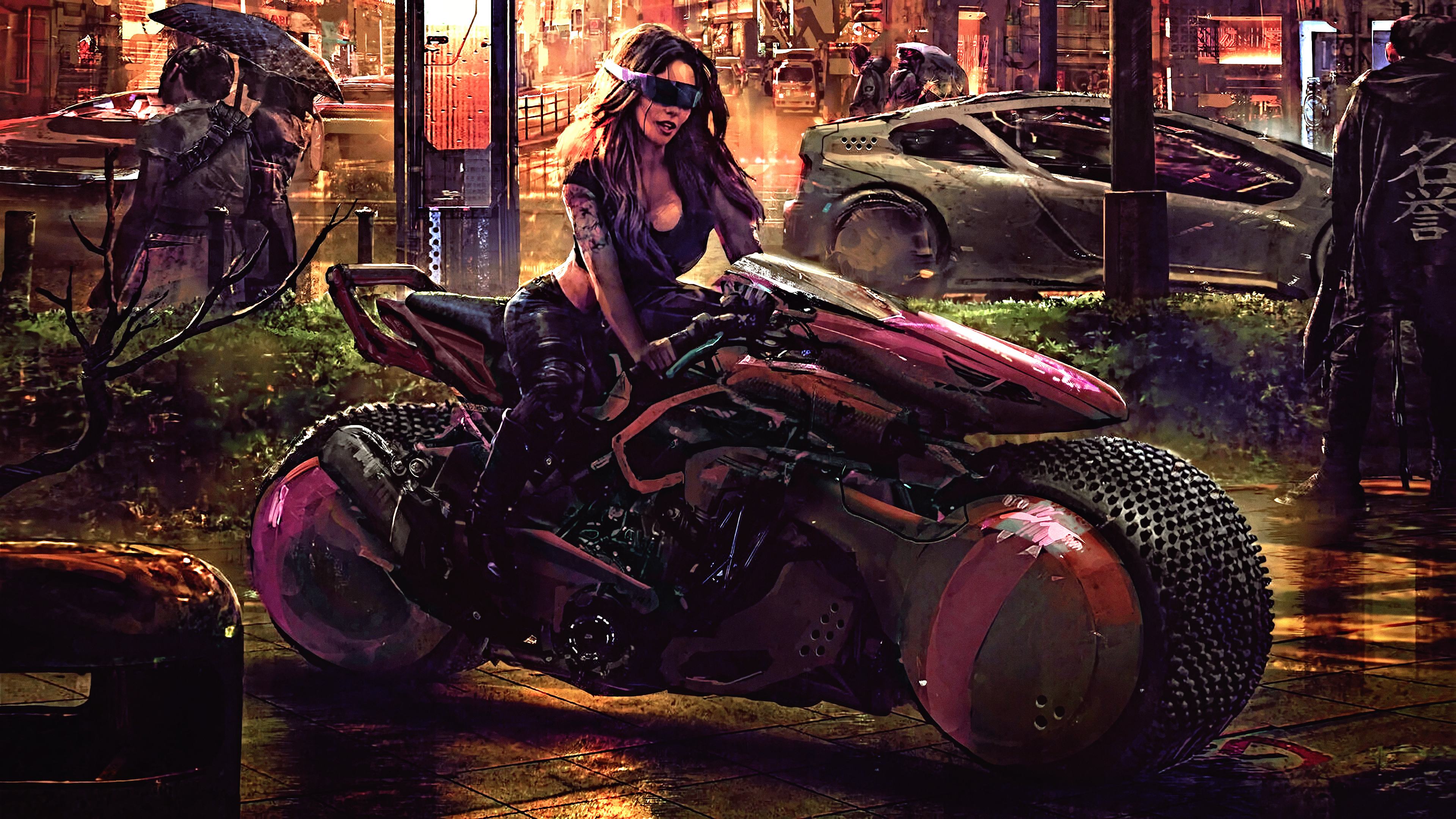 Futuristic cyberpunk motorcycle HD wallpaper for desktop background with a Sci-Fi theme.