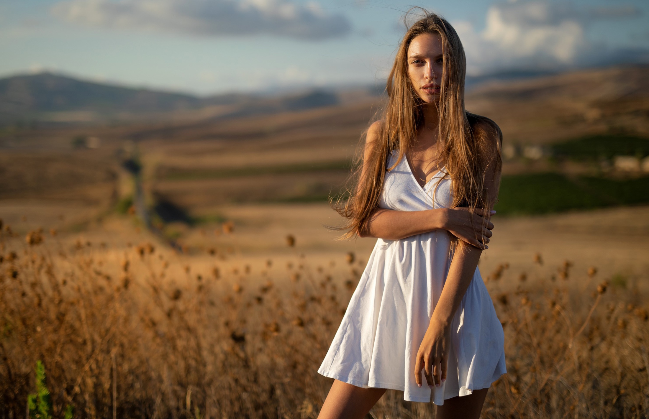 Download Depth Of Field Redhead Long Hair White Dress Woman Model Hd Wallpaper 7150