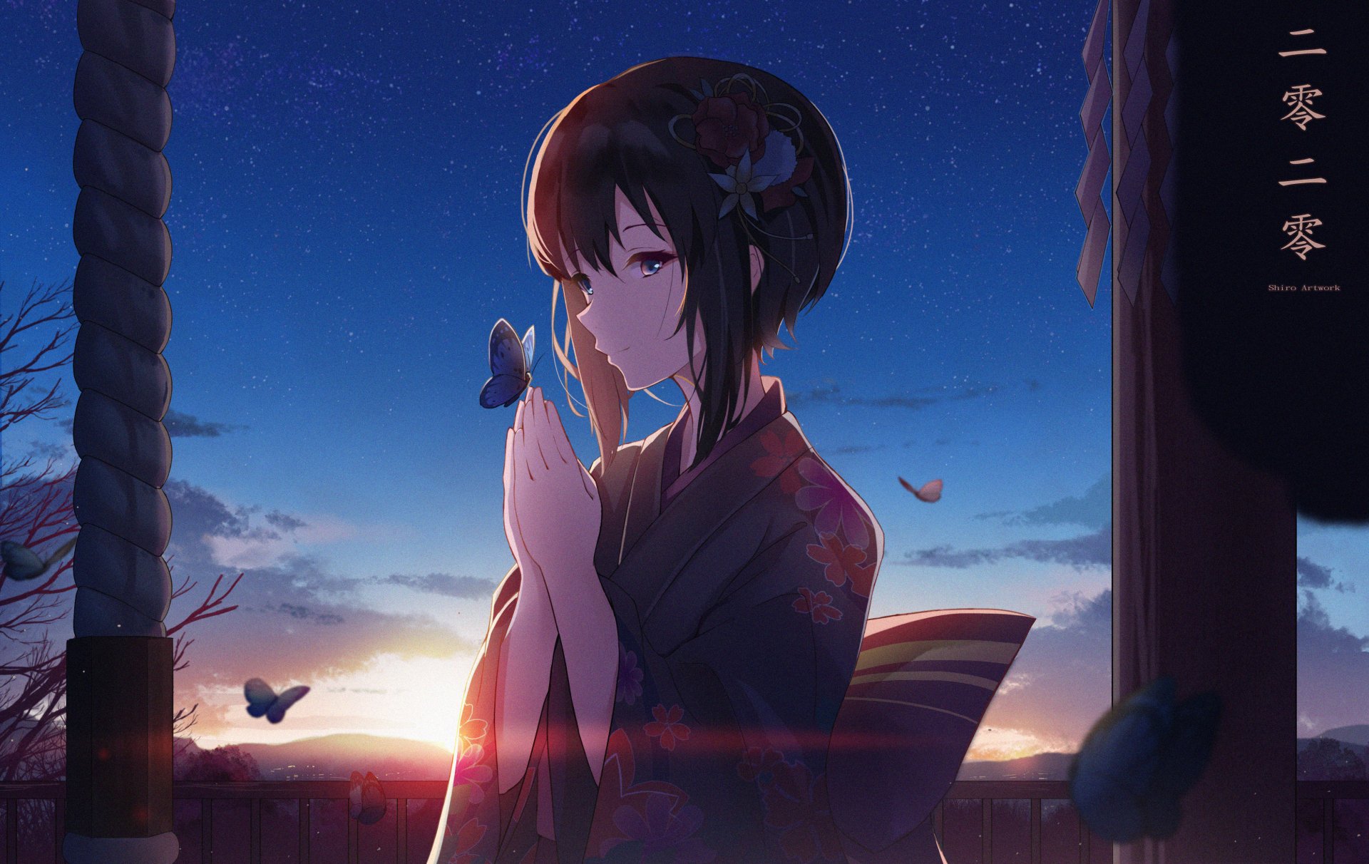 Anime original 4K Ultra HD PC desktop wallpaper and background: contemplative kimono-clad girl holding a small blue bird at sunset beneath a starry sky, petals drifting between wooden pillars.