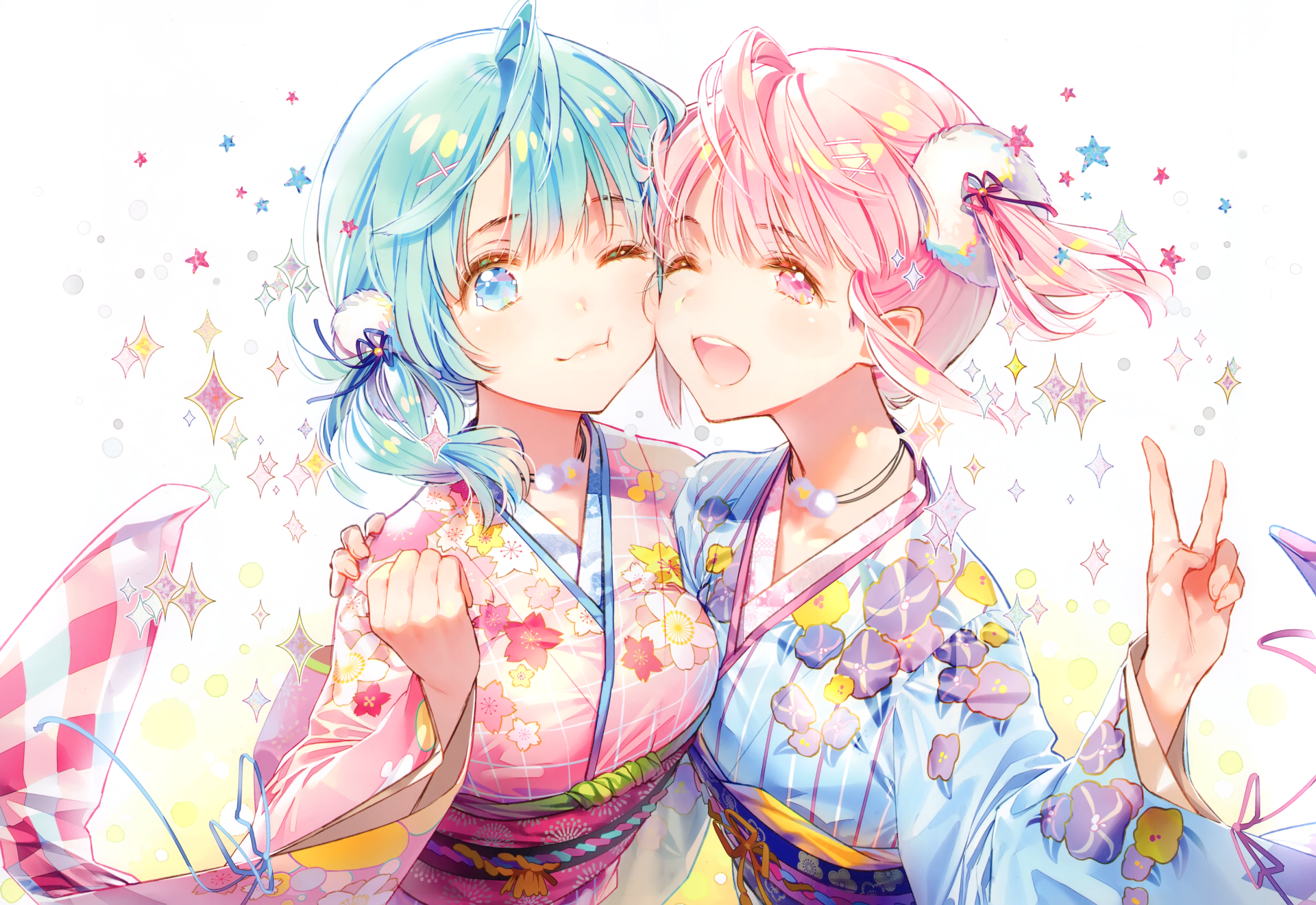 Anime-style 4K Ultra HD wallpaper featuring two original characters in colorful yukatas with blue and pink hair and eyes, surrounded by sparkling stars.