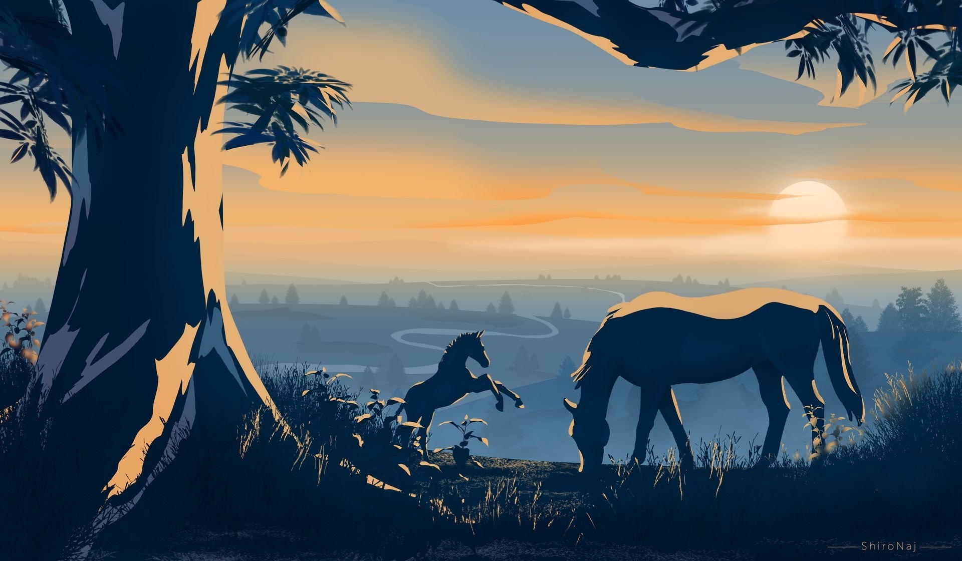 Serene Sunset with Horses - HD Wallpaper by Shiro Naj