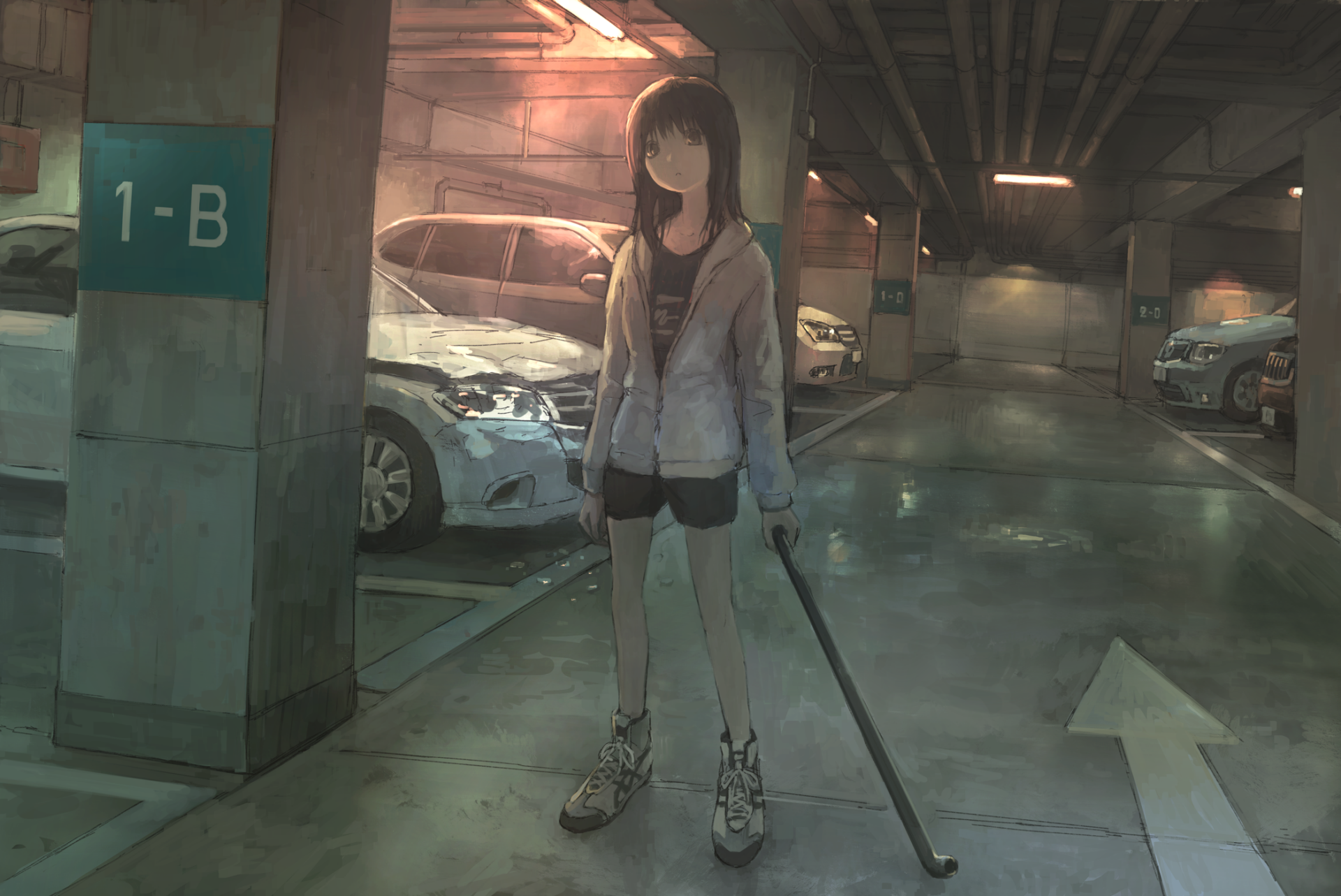 Anime original HD PC desktop wallpaper and background: lone girl in hoodie and boots holds a metal bat in a dim underground parking garage, moody lighting.