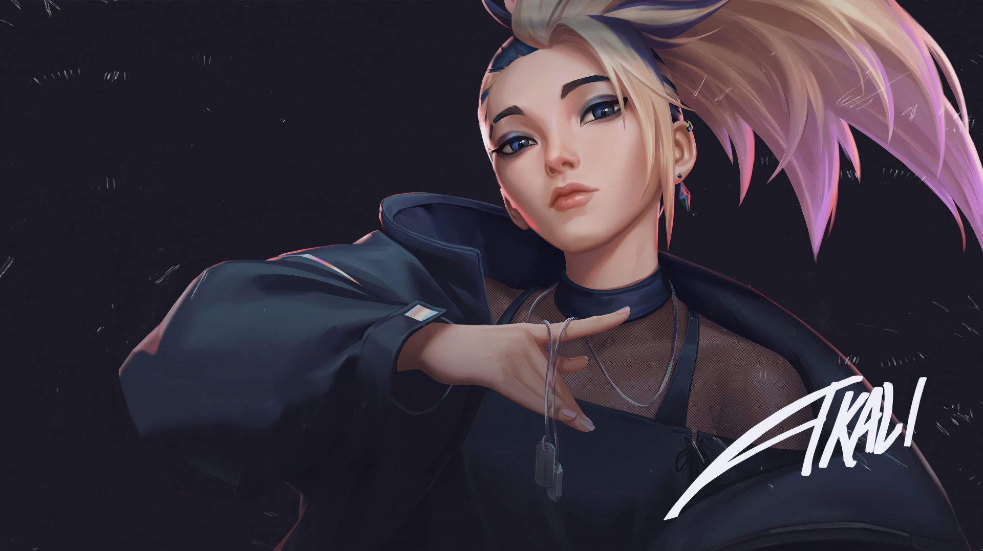 4K Ultra HD PC desktop wallpaper featuring Akali from League of Legends, showcasing her with a confident pose and dynamic hairstyle against a dark background.