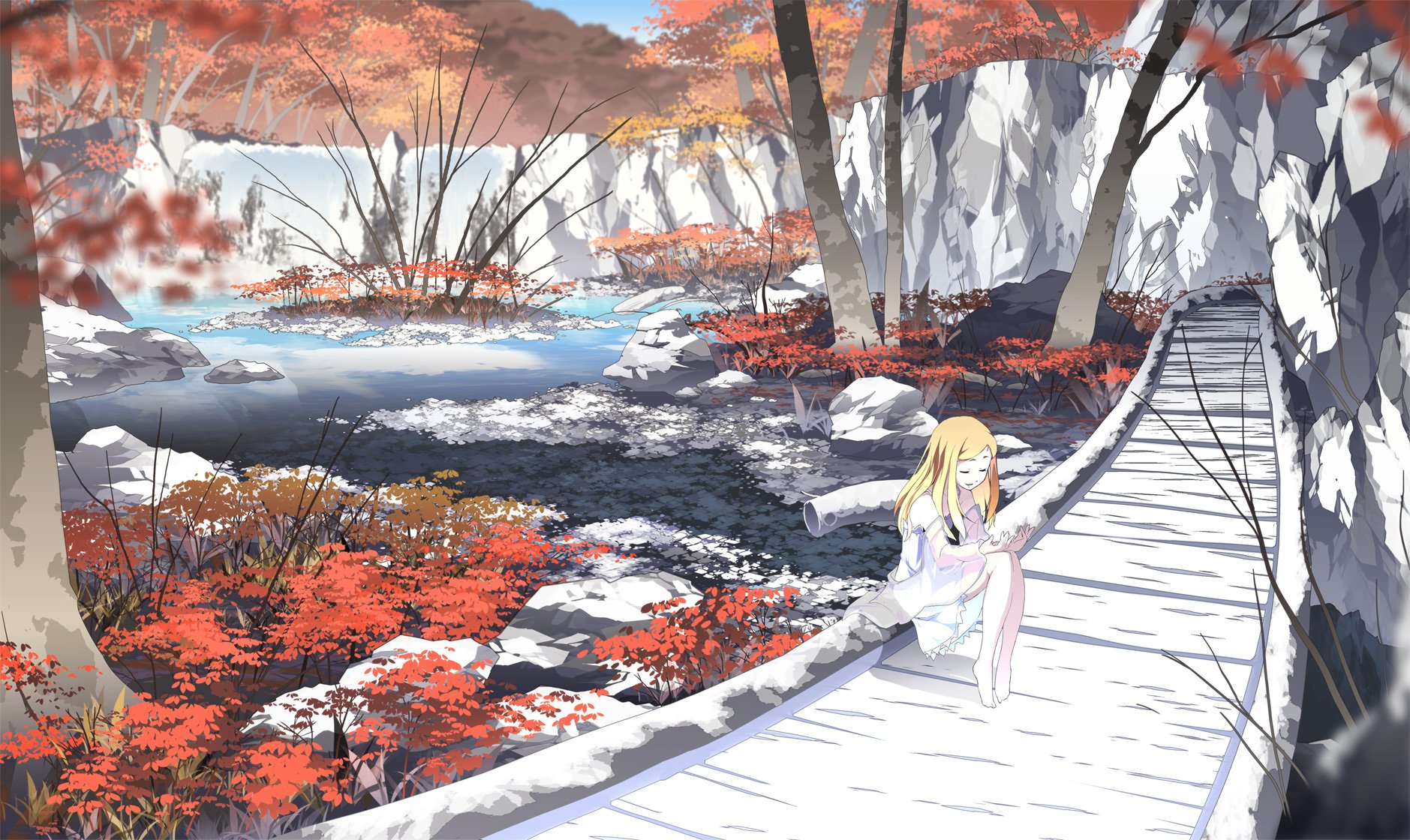 Anime original HD PC desktop wallpaper background: blonde girl sits on a wooden boardwalk beside a red‑leafed riverside, rocky cliffs and calm water bathed in soft autumn light.