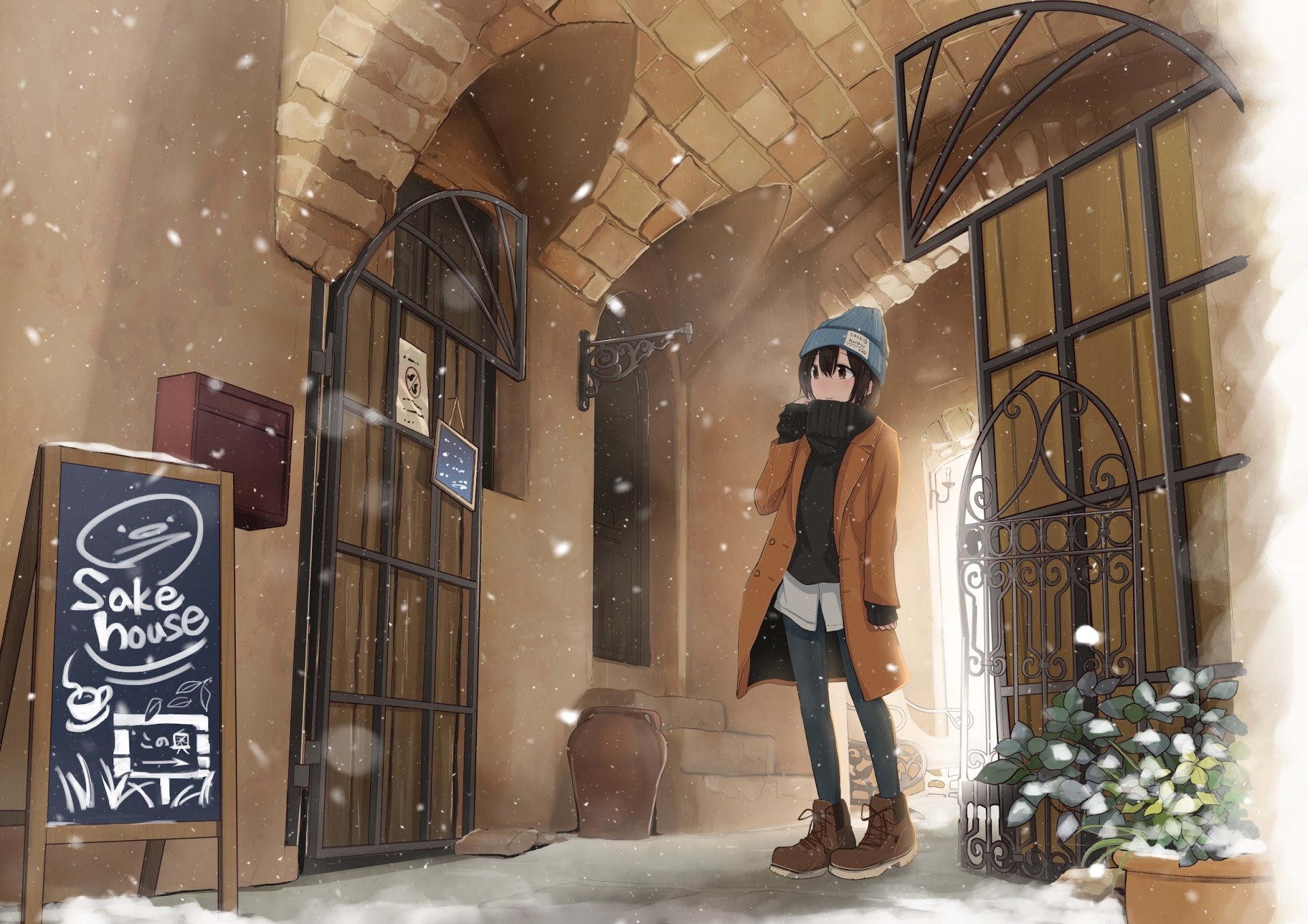 HD PC desktop wallpaper of an original winter anime scene: a girl in a brown coat, blue beanie and scarf stands in a snowy arched alley by a Sake House sign, soft falling snow.