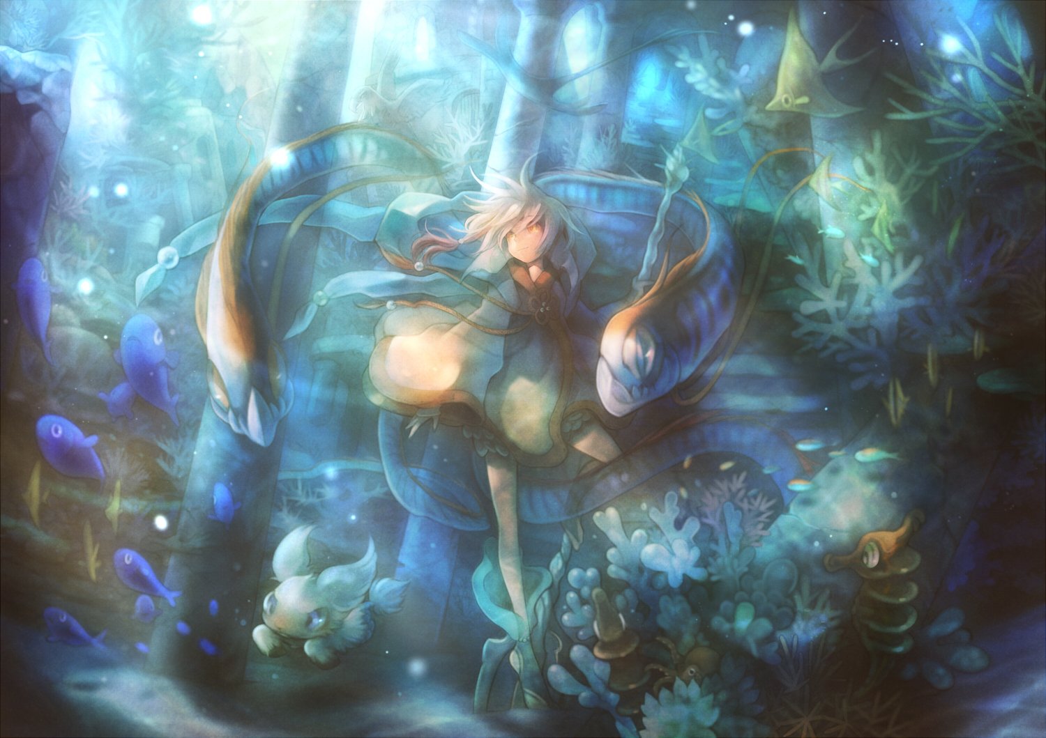 HD anime desktop wallpaper depicting an underwater scene with a central character surrounded by fish and aquatic plants, bathed in soft blue light.
