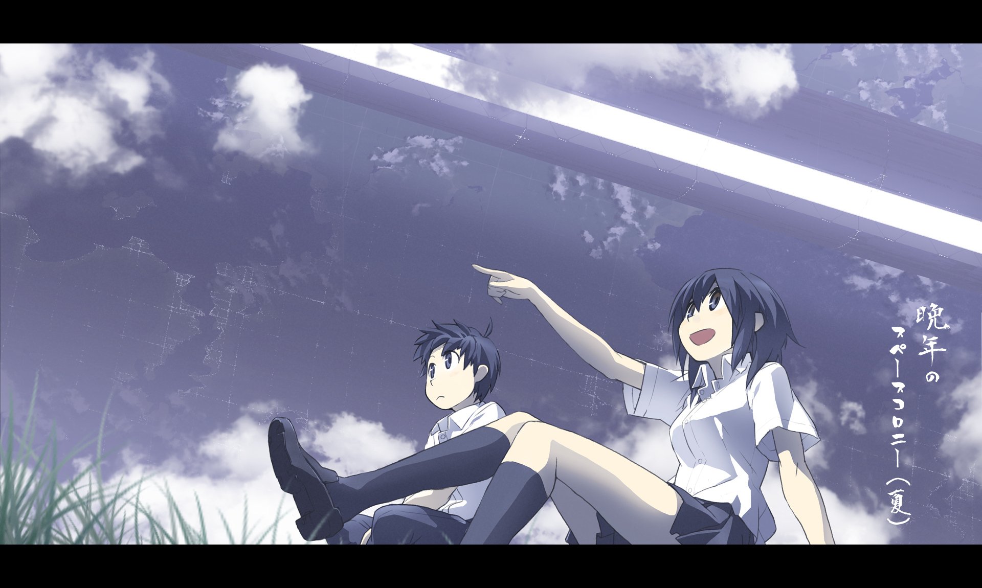 Original anime HD PC desktop wallpaper/background: two high school students in uniform sit in grass beneath a purple, cloudy sky; a girl points and laughs while a boy looks on.