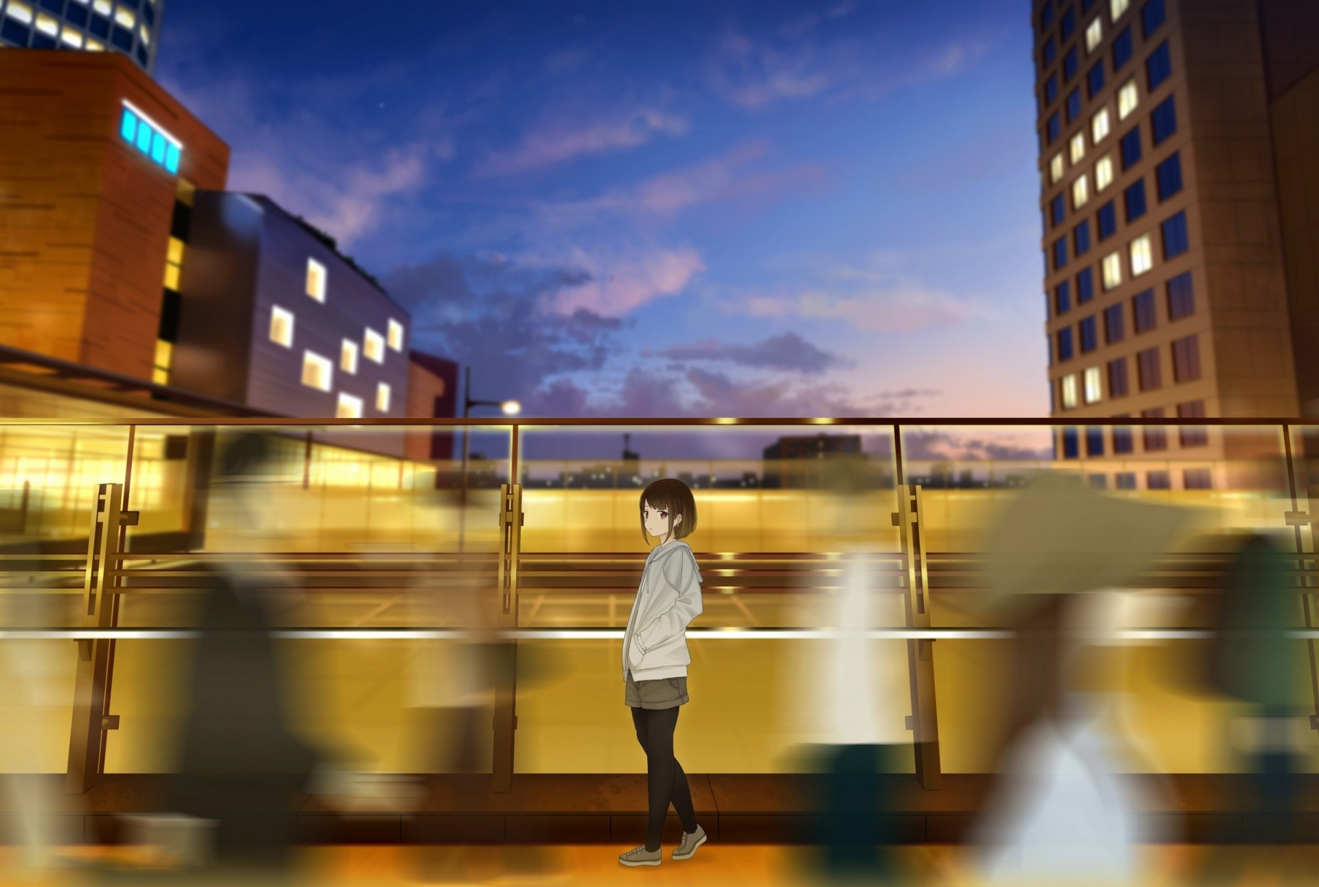 HD anime cityscape desktop wallpaper featuring an original character standing amid blurred crowds against a vibrant sky and illuminated urban buildings at dusk.