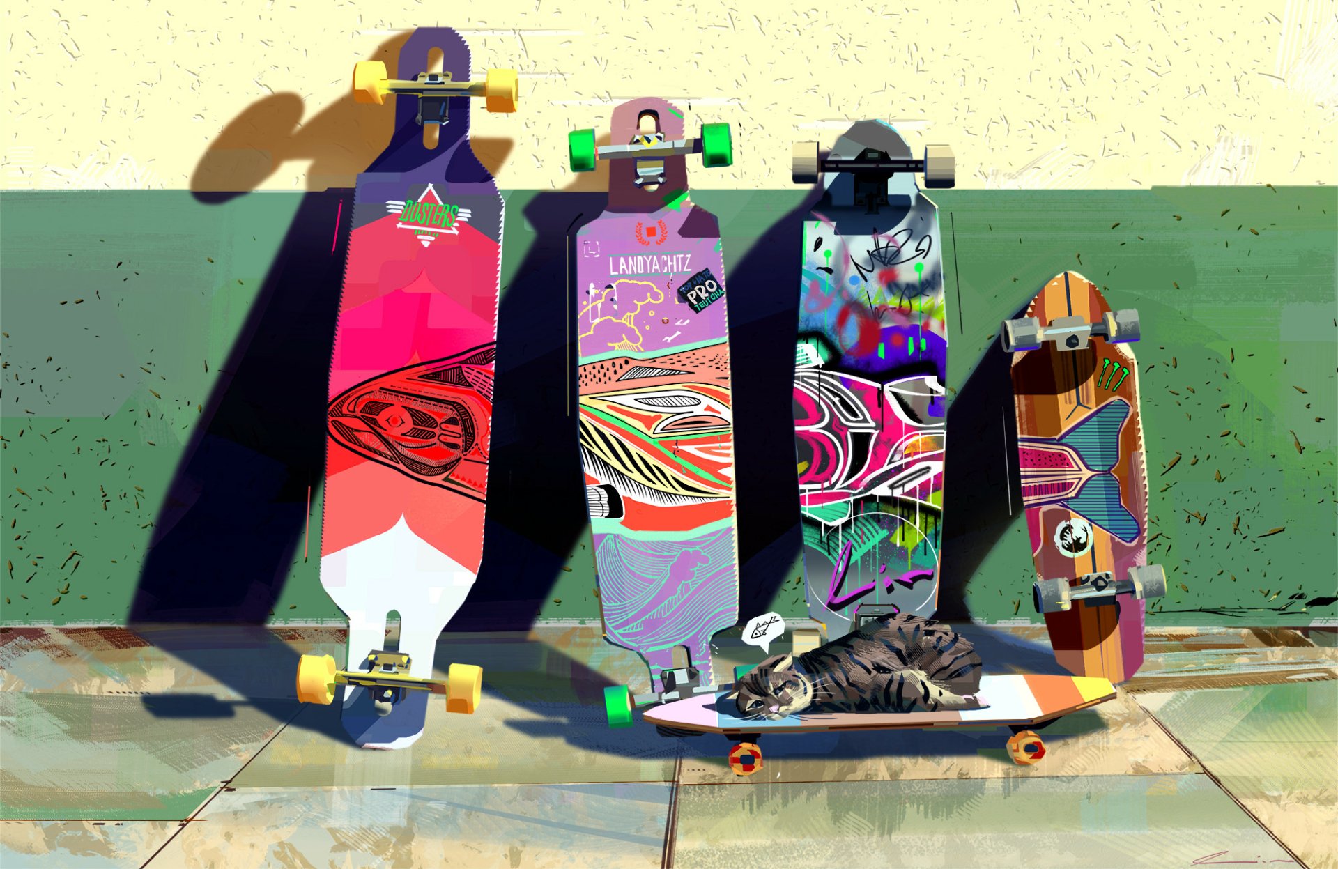 HD anime-style desktop wallpaper featuring four colorful skateboards lined up against a wall, with a relaxed anime cat lying on the skateboard on the far right.