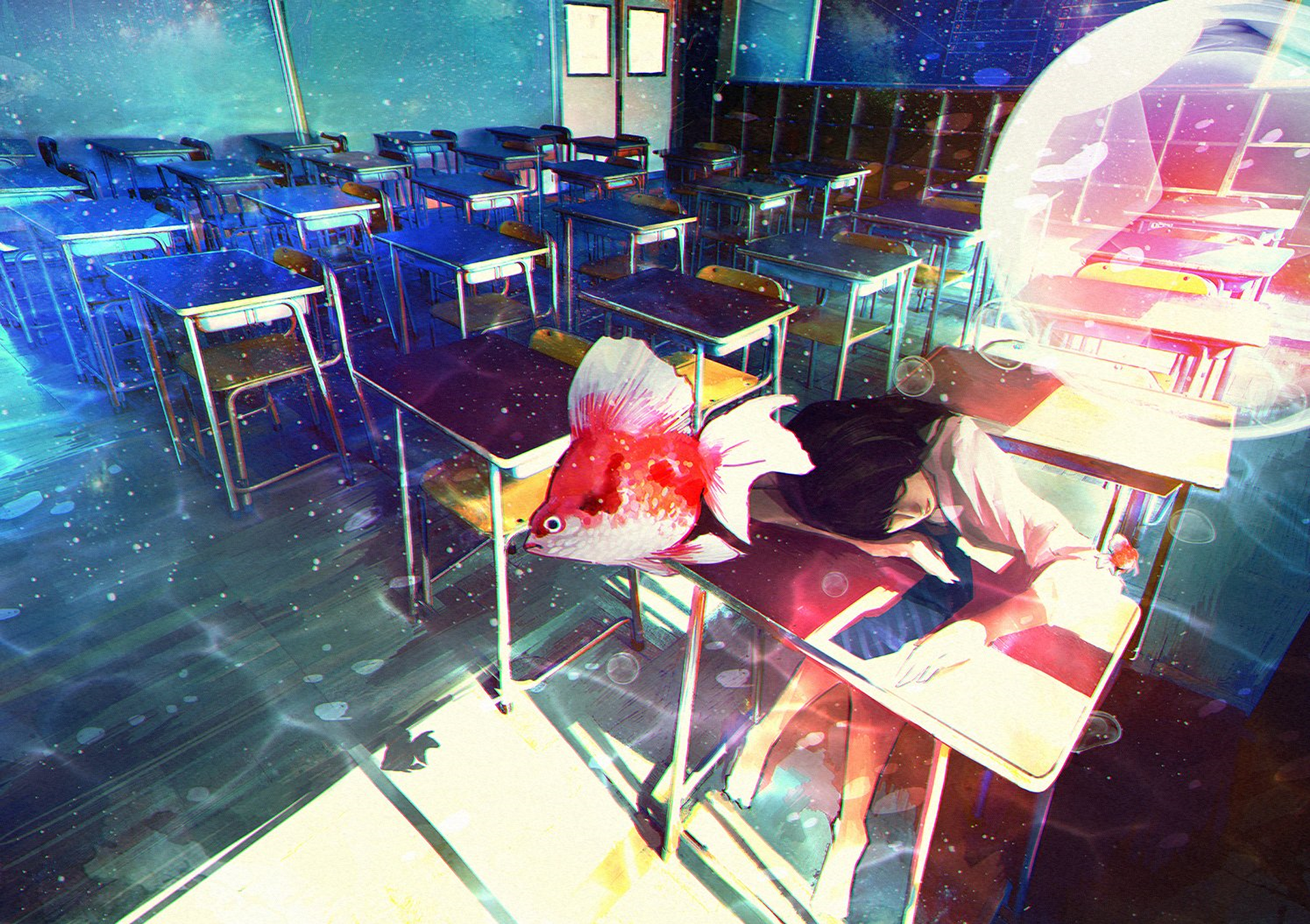 Anime-style underwater classroom scene with a student resting at a desk next to a large goldfish in a bowl, rendered as an HD PC desktop wallpaper and background.