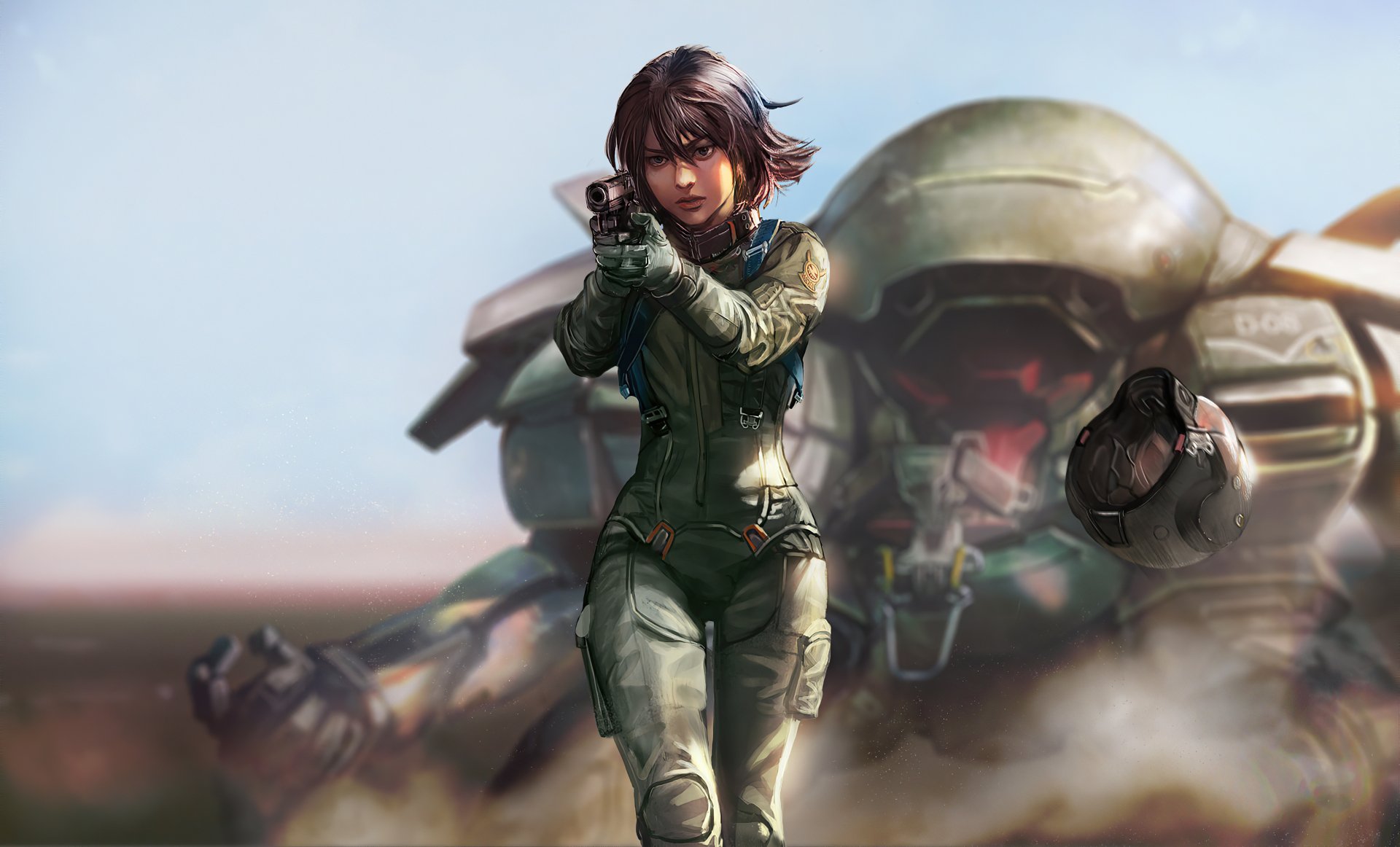 Futuristic woman warrior in sleek armor aiming forward, set against a sci-fi battlefield with a giant armored mech, rendered in 4K Ultra HD for PC desktop.