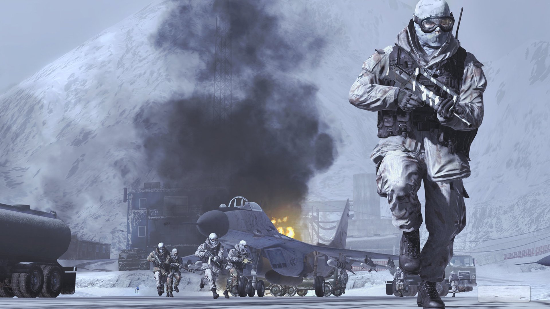 A dynamic HD desktop wallpaper featuring soldiers in tactical gear advancing through a snowy battlefield, with a fighter jet and explosions in the background, inspired by Call of Duty.