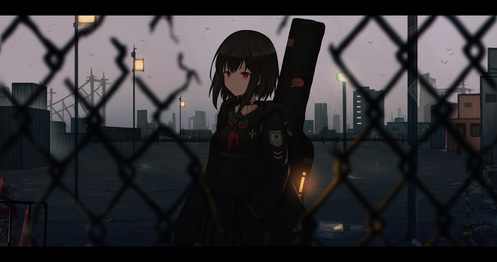 Anime warrior with short hair and red eyes stands in a cityscape background, framed by a chain-link fence. This HD desktop wallpaper exudes a blend of urban and warrior themes.